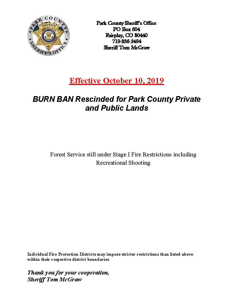 Fire ban Rescinded October 102019