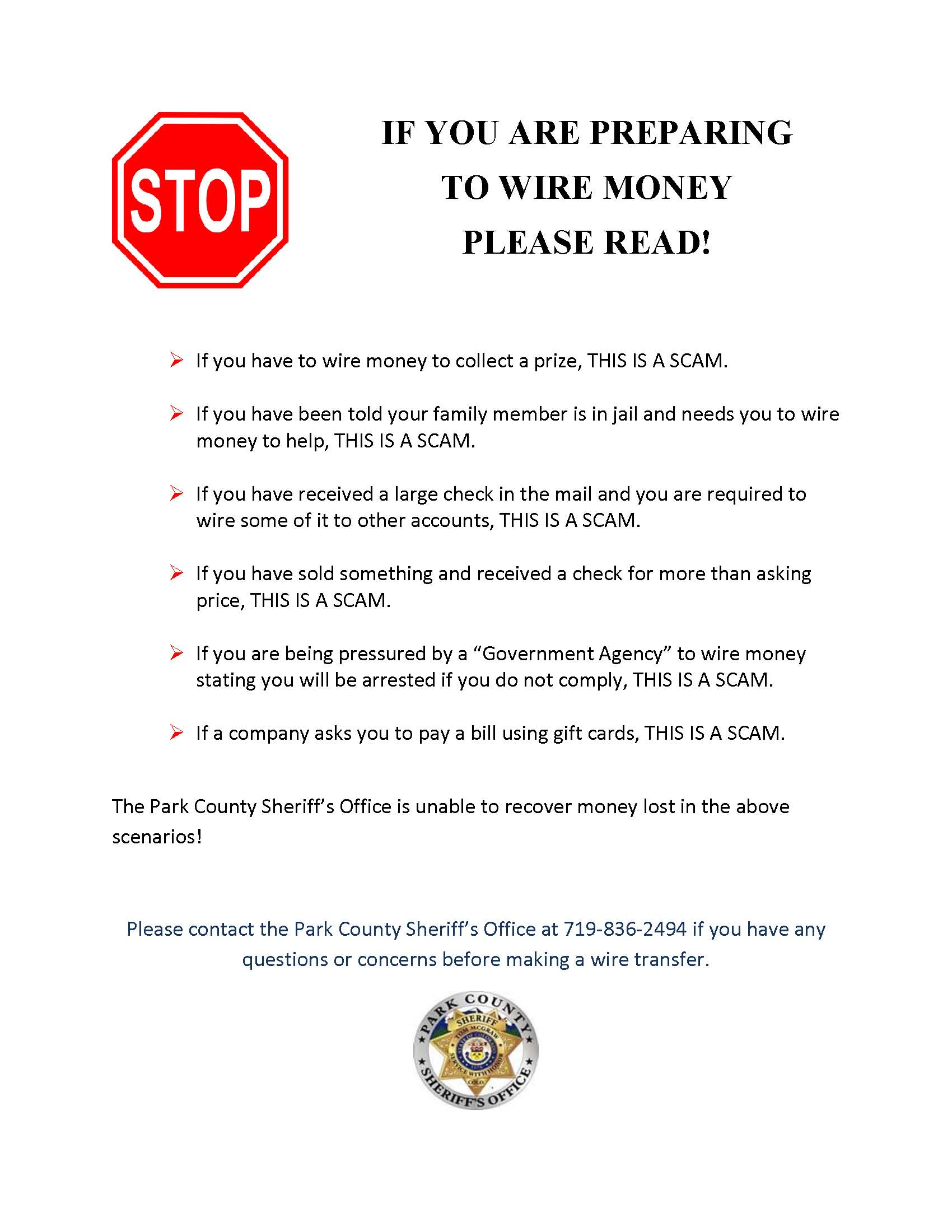 Park County Sheriff Warning - This is a SCAM