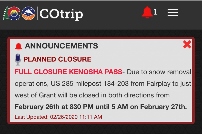 COtrip Announcement - Road Closure